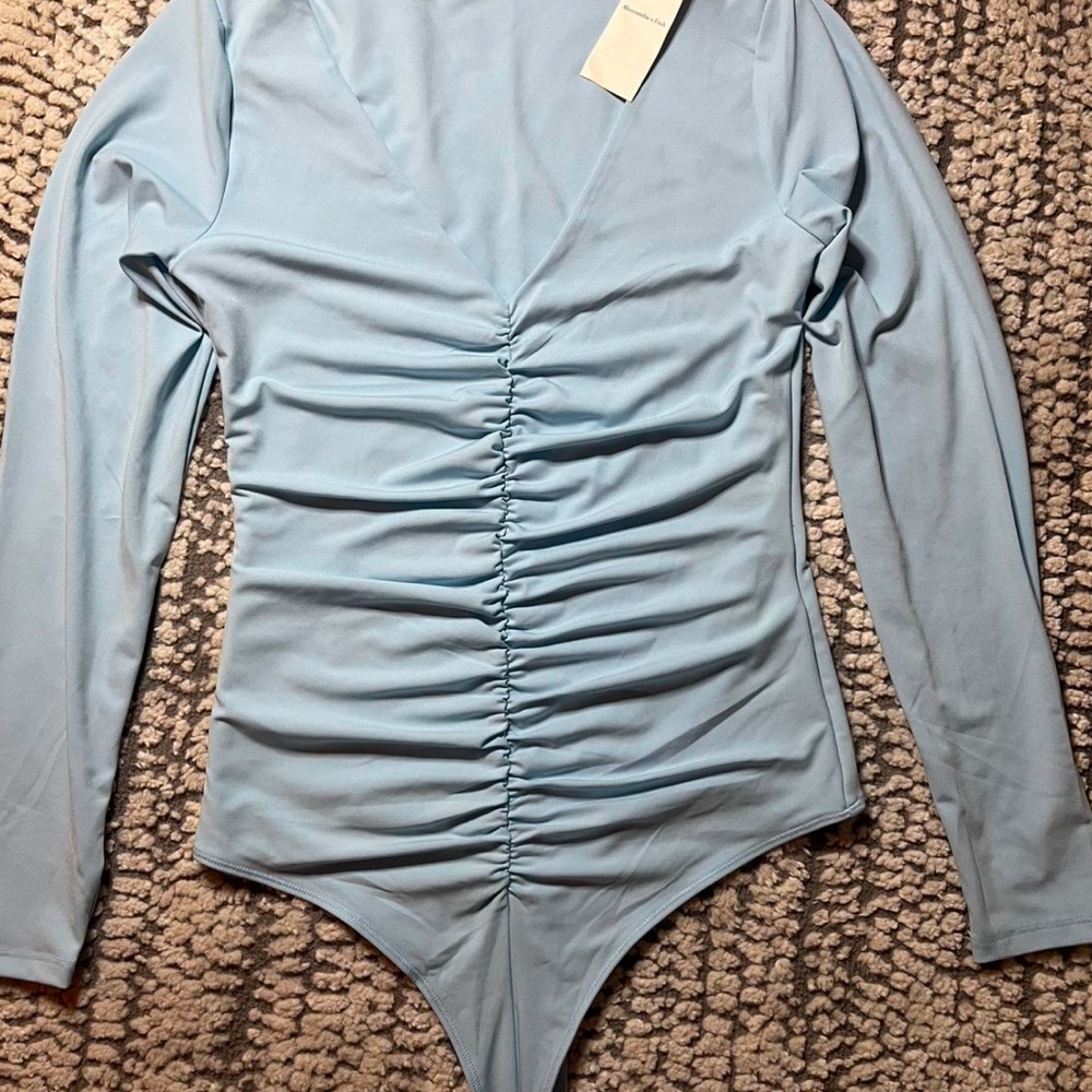 Light Blue Ruched Long Sleeve Bodysuit